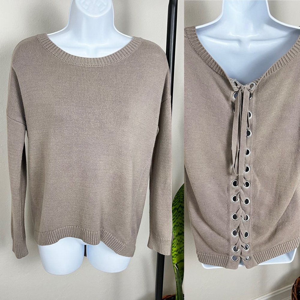 Express Beige Knit Sweater with Lace-Up Detail Women Size S